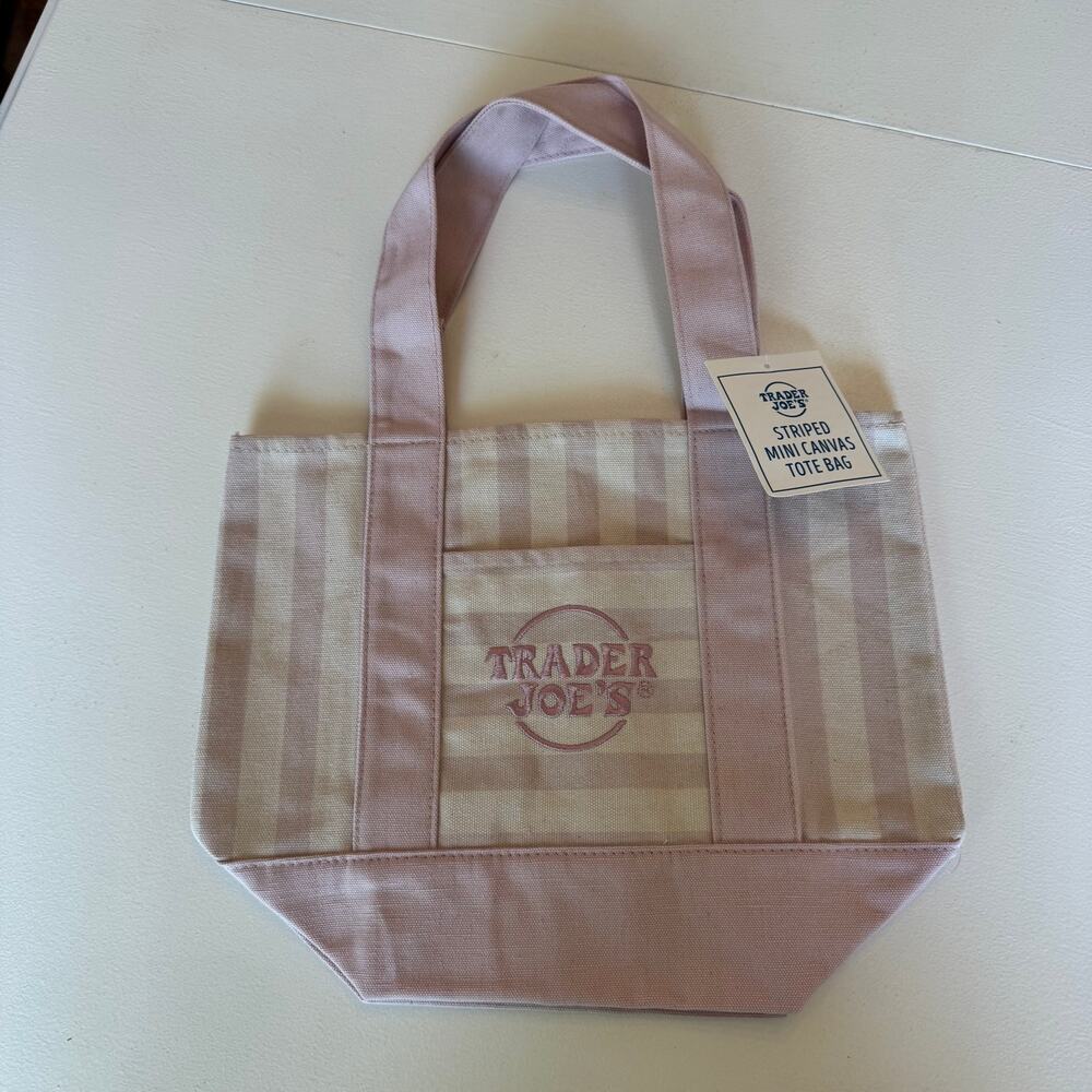 Trader Joe’s Limited Edition 2026 Mini Stripe Canvas Tote Bag NEW Pink 13x6x10